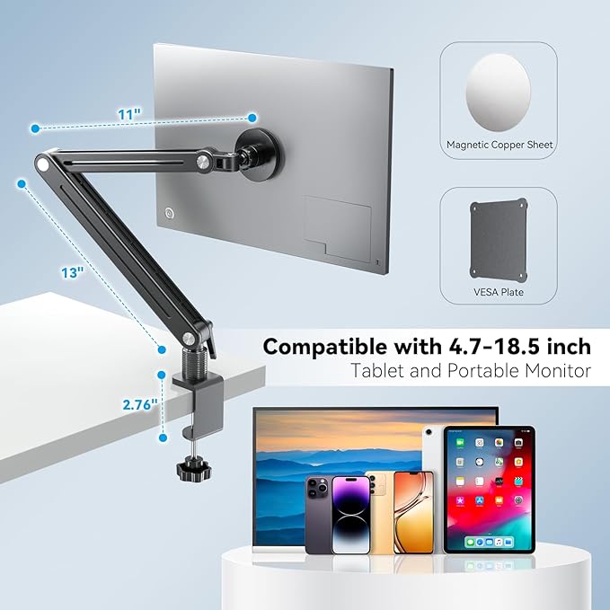 Jakeko Strong Magnetic Portable Monitor Desk Clamp - 75mm VESA Mount 4.7" 12.9" 15.6" 16" 17.3" 18.5 inch 360° Rotate Base Tablet Holder Arm JK07B1