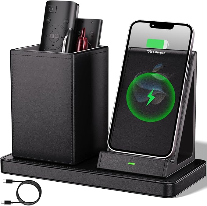Multi-Functional Pen Holder for Desk,Black Vegan Leather Desk Organizers with Remote Control Holder,Pencil Holder for Desk,Desk Organizer with Phone Wireless Charger for Office/Nightstand/Endtable