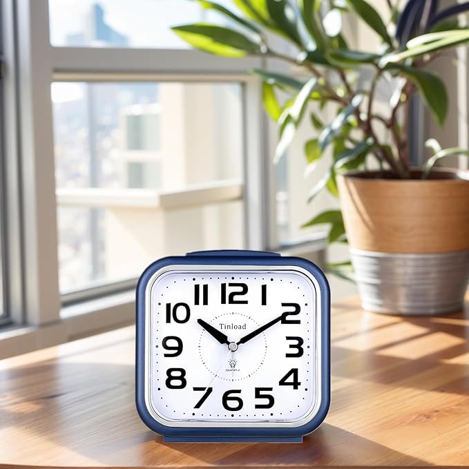 Tinload 5.5" Large Analog Alarm Clock Silent Non Ticking, Gentle Wake, Beep Sounds, Increasing Volume, Battery Operated Snooze and Manual Light, Easy Set, Blue