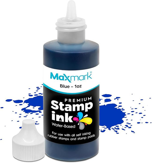 MaxMark Premium Refill Ink with Control Tip Bottle for Self-Inking Stamps, Blue Color - 1 oz.