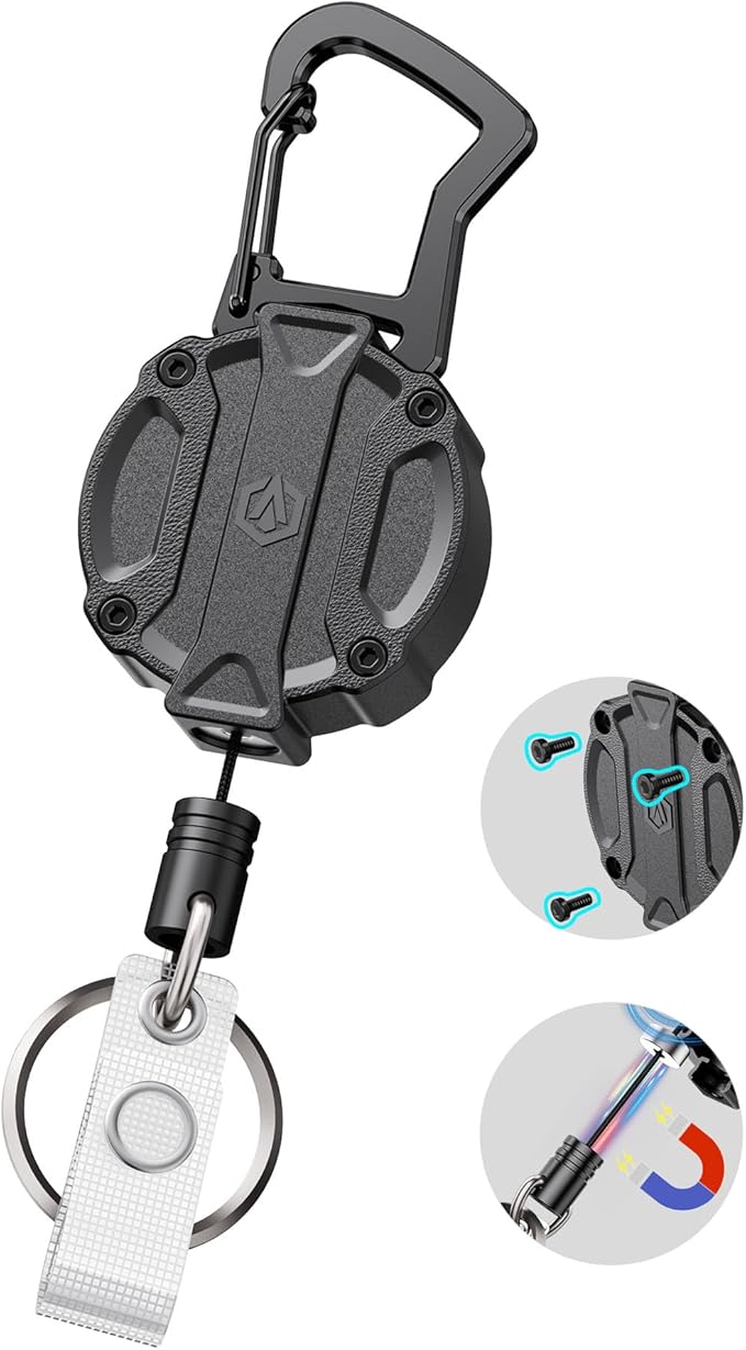 Autonomier 1Pack Heavy Duty Retractable Keychain, Unbreakable Embedded Body with 30.5" Dyneema Cord, Tactical ID Badge Holder Reel Carabiner Clip with Secure Magnetic Closure for Men, Holds 25oz