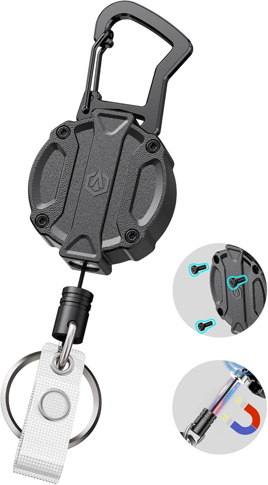 Autonomier 1Pack Heavy Duty Retractable Keychain, Unbreakable Embedded Body with 30.5" Dyneema Cord, Tactical ID Badge Holder Reel Carabiner Clip with Secure Magnetic Closure for Men, Holds 25oz