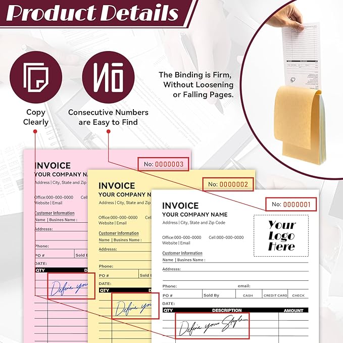 100 Sets Custom 5.7" X 8.5" Invoice Receipt Book, Personalized Duplicate Carbonless Form with Logo/Text, Paper 2-Part/3-Part in Bulk Purchase Orders, Sales Orders, Price Forms (3-Part)