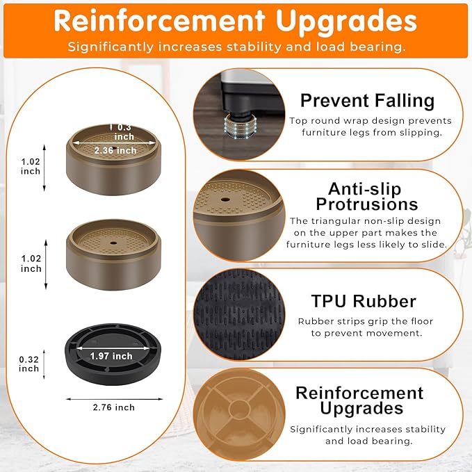 Furniture Risers Bed Risers Heavy Duty 1 inch, 2 inch, 3 inch, 4 inch Round Adjustable Bed Lifts Riser for Desk Legs Table Couch Sofa Chair Refrigerator Washing Machine (1 Inch, Brown, 6 Pack )