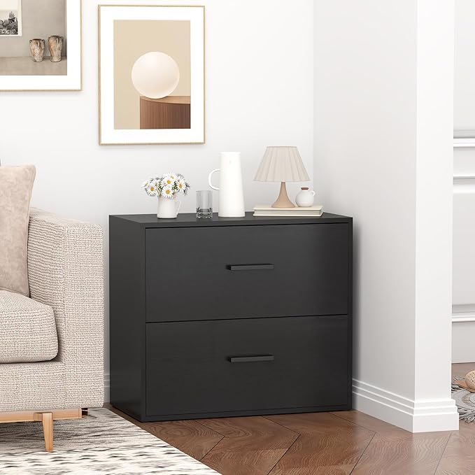 FATIGOS Lateral File Cabinet, Wood Black File Cabinet with Hanging Bars for Letters, Horizontal File Cabinets for Home Office, Black