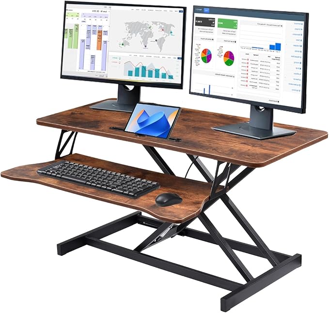 37 Inch Standing Desk Converter - Manual Pneumatic Spring, Two Monitor Stable Standing Desk Converter, 5.9"to18.8"Height Adjustable Laptop Workstation With Keyboard Tray For Home, Company(Tiger Brown)