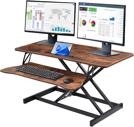 37 Inch Standing Desk Converter - Manual Pneumatic Spring, Two Monitor Stable Standing Desk Converter, 5.9"to18.8"Height Adjustable Laptop Workstation With Keyboard Tray For Home, Company(Tiger Brown)
