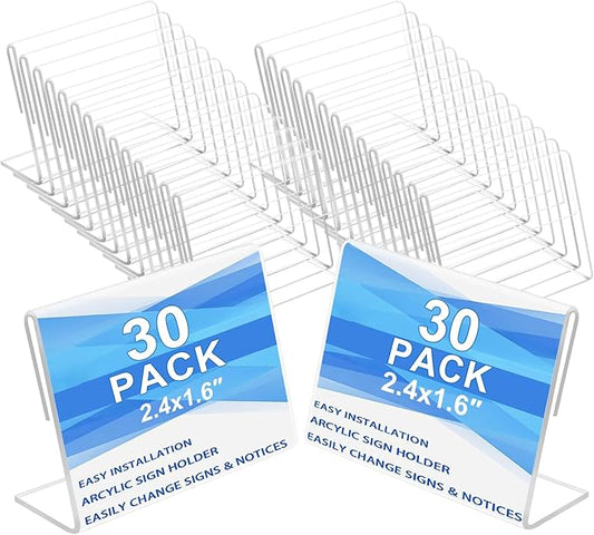 Ludery Small Acrylic Sign Holder 2.4 x 1.6 Inch,Mini Food Sign Labels for Party Buffet,L-Shape Name Card Display Holder, Mini Clear Acrylic Sign Display Holder for Office, Store, Restaurant - 30 Pack