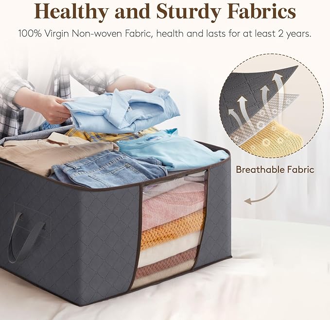 Lifewit 2 Pack Clothes Storage, Foldable Organization Bins with Lids and Clear Window for Blanket, in Closet with Reinforced Handles for Clothing, Bedding, Gray