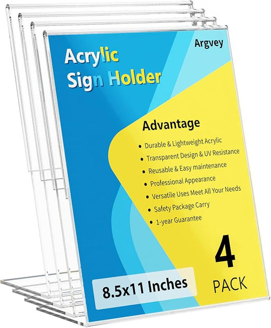 Argvey 4 Pack Acrylic Sign Holder 8.5x11, Clear Plastic Slanted Back Sign Holders, Desktop Papers Menus Frame Flyer Document Holder Display Stand for Coffee Shops, Hotels, Offices, Public Spaces