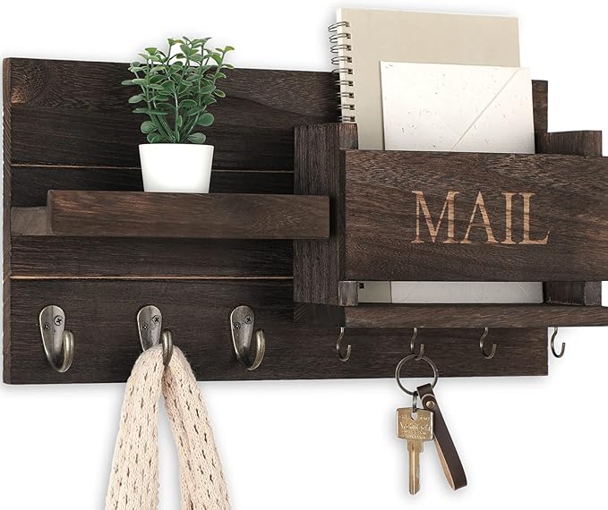 Lwenki Mail Organizer for Wall Mount – Key Holder with Shelf Includes Letter Holder and Hooks for Hallway Farmhouse Decor – Rustic Wood with Flush Mounting Hardware (16.5” x 9.1” x 3.4”) (Brown)