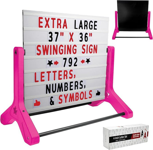Swinging Changeable Message Sidewalk Sign 36″ x 37″ – Outdoor Advertising Sign Board with 792 Pre-Cut Double-Sided Letters & Storage Box – Heavy-Duty, Rust-Resistant Sidewalk Display for Businesses & Events (Pink Legs)
