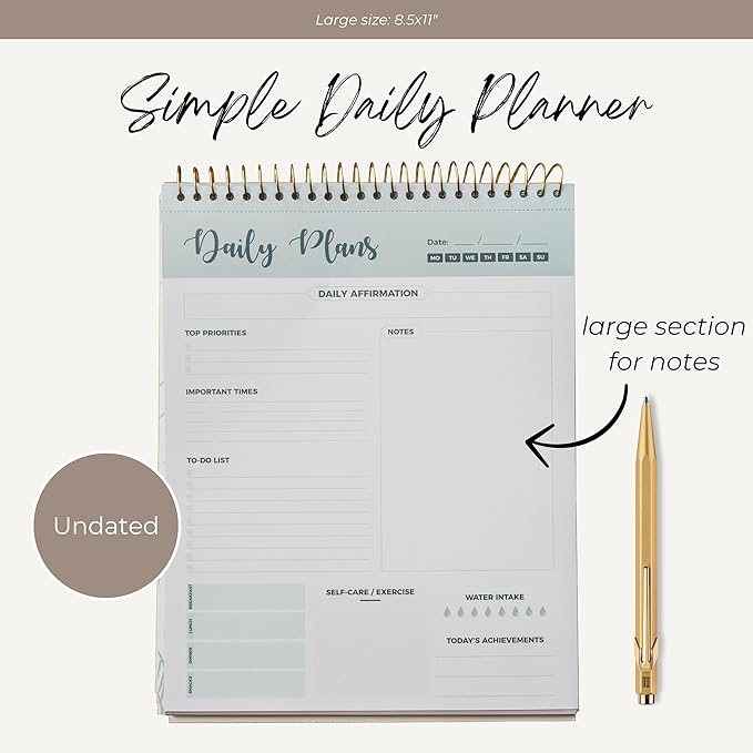 Spiral Daily Planner Agenda Notepad -100 Undated Tear-Off Sheets -Desk Notepad, Motivational Calendar, Organizer, Productivity Tracker, Organizing Goals, Task Planner, Ideas, Notes, to Do List 8.5x11