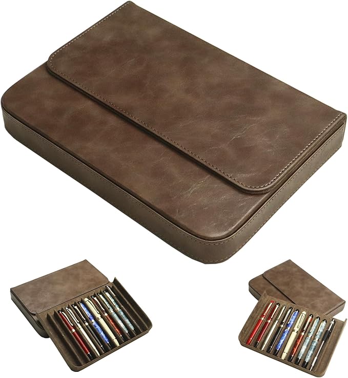 MIVLXLX PU Leather 12 Fountain Pen/Pencil Tray Case Organizer, Fashion Design, Handmade, Magnetic Closure with Drawer, Christmas Gift for Man/Woman/Office, 12 Slots(gray)