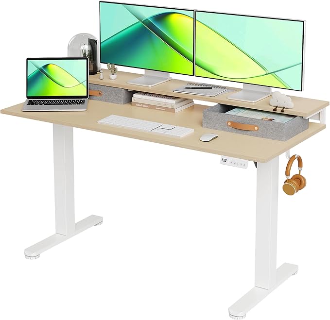 Claiks Electric Standing Desk with 2 Drawers, Adjustable Standing Desks with Storage, Height Adjustable Stand up Desk for Home Office with 2 Hooks,55 Inch Natural