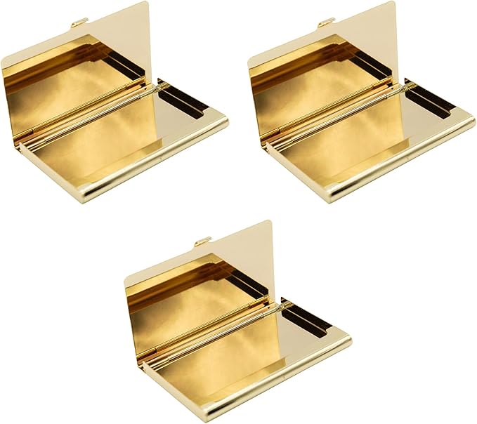 Stephanie Imports Set of 3 Slim & Minimalist Metal Business Card Holder Unisex Case (Plain Gold)