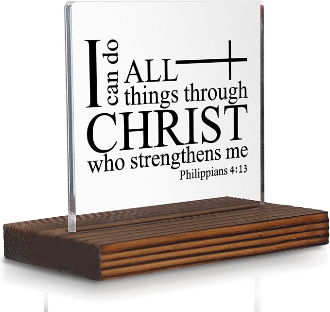 Philippians 4:13 Desk Sign, Christian Bible Verse Decor I Can Do All Things Through Christ Gift for Women Men, Inspirational Faith Plaque for Office, Birthday, Baptism, Retirement, Christmas PA132