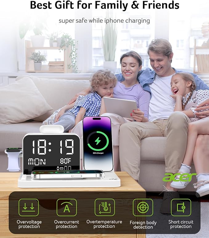 Acer 7-in-1 Wireless Charging Station with LED Clock - 30W Fast Wireless Charger for iPhone 16/15/14/13/12/Pro Max, Apple Watch, AirPods - Bluetooth Auto Time Sync & Night Lights (White)