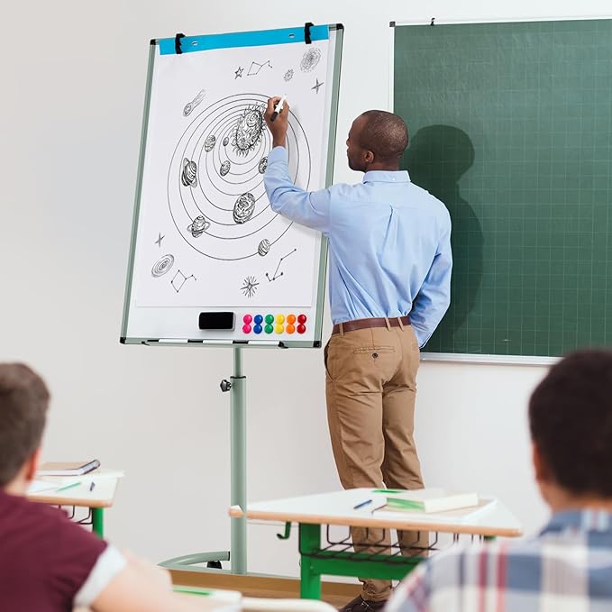 Goplus 40” x 26” Rolling Whiteboard, Height Adjustable Magnetic Dry Erase Board on Wheels with Round Stand, Paper Clips, Storage Tray, Paper Pad, Magnets, Markers, Mobile White Board for Office School