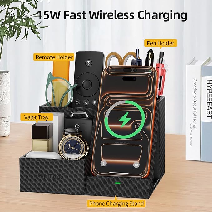 TopMade Wireless Charger Nightstand Organizer, Multi-Functional Pen/Pencil/Remote Holder for Desk, Leather Desktop Organizers, Home Office Supplies Fast Phone Charging Stand, Black Carbon Fiber