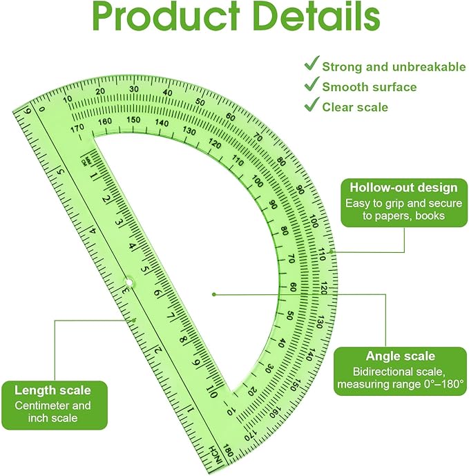 Hoiny 10 Pack Clear Protractor, 6 Inch Plastic Protractors, 180 Degrees Accurate Math Geometry Tools for School, Office, Classroom (Green)