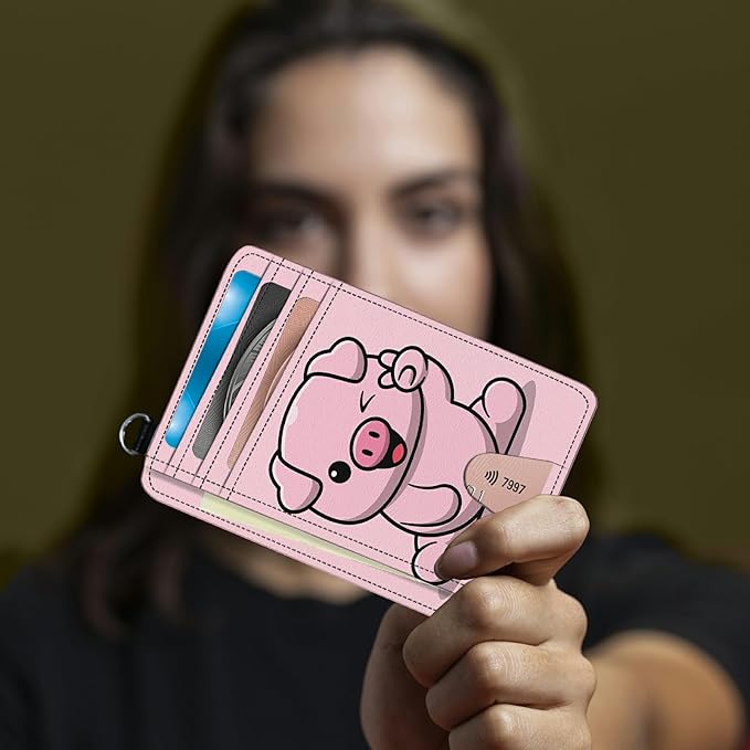 BWEGRHE Small Travel Wallets, Pink Pig Slim Minimalist Front Pocket Wallet with Wristlet, RFID Blocking PU Leather Credit Card Holder with ID Window Change Purse for Men Women