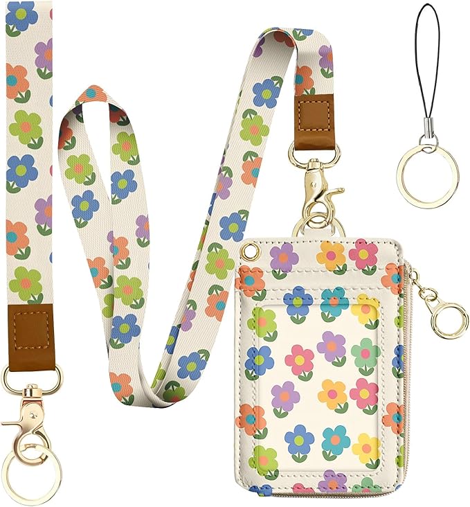 bolimoss 2-in-1 ID Badge Holder & Lanyard Wallet, Cute Floral Lanyard with Wallet, ID Badge Holder with Neck & Wristlet Lanyard, Pu Leather Zip Id Case Wallet with Breakaway Lanyard, Keychain Wallet