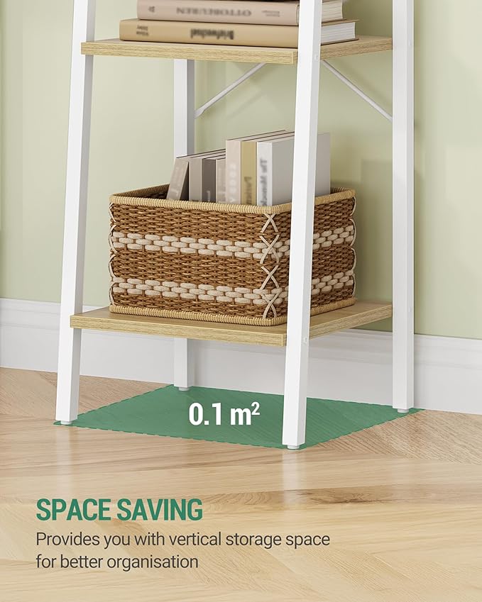Hzuaneri Ladder Shelf, Bookshelf Bookcase, Freestanding Corner Storage Shelve with 2 Hooks for Home Office, Living Room, Kitchen, Bedroom, Industrial, 11.8" D x 17.3" W x 63" H, White Oak and White