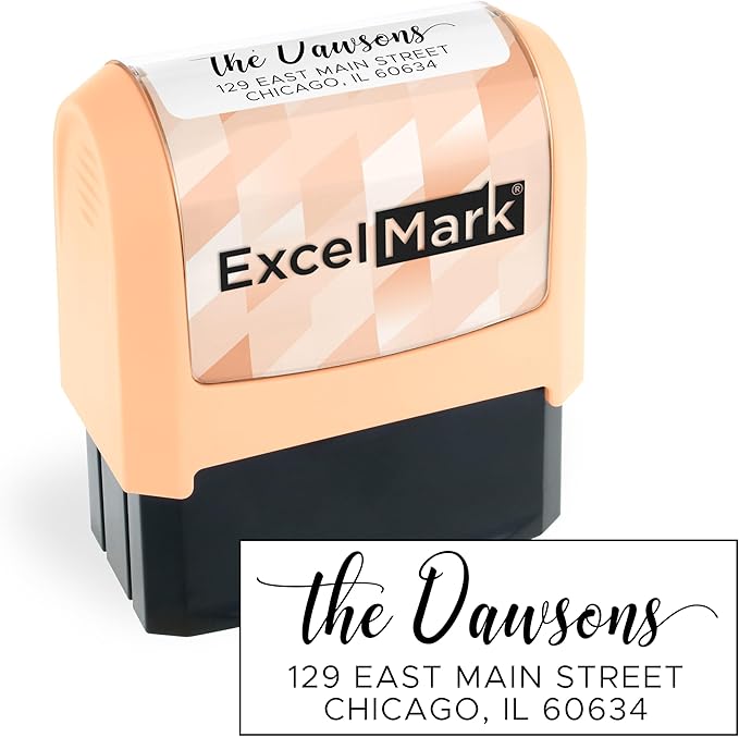ExcelMark Address Stamp - Custom Return Address Stamp with Elegant Designs, Vibrant Colors & Patterns – Perfect for Mail, Invitations & Gifts (Peach Mount, Signature Script)