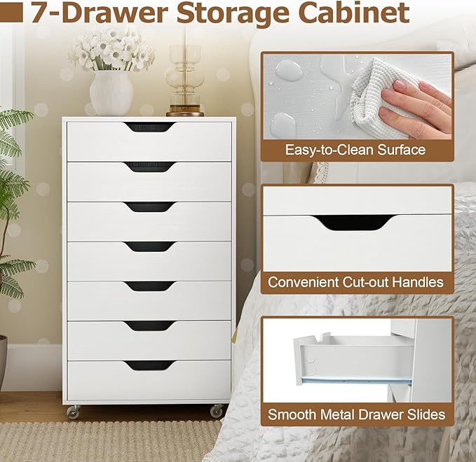 Giantex Drawers Cabinet Mobile Lateral Filing Organizer with 7 Drawers and Wheels Mobile Side Cabinet Chest for Home Office Storage Use 7-Drawer Dresser (19” x 16” x 34.5”, White)