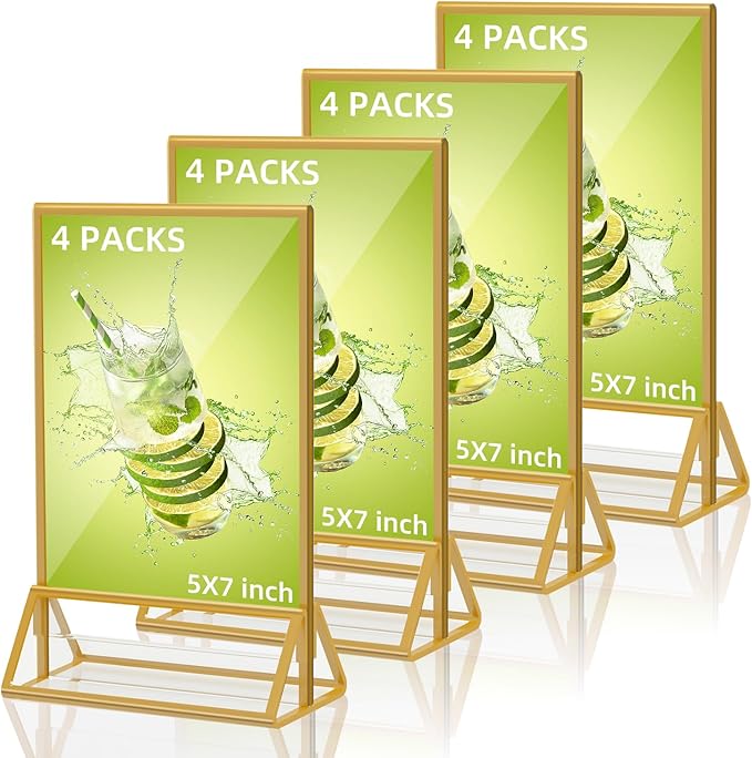 PPH-Sisy Acrylic Sign Holder 5X7 Gold Picture Frame,Double Sided Clear Display Stand , Table Acrylic Stand for Home Office Shop Restaurant (4pcs)