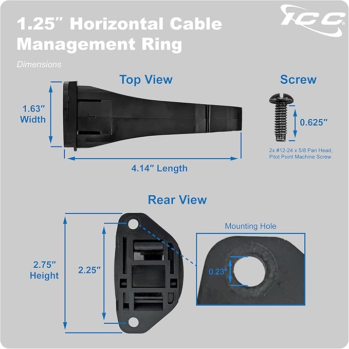 ICC 1.25” Plastic Cable Management Ring, Horizontal, Rack or Wall Mount, Pack of 10 – Cable Organizer for Structured Wiring and Equipment Racks