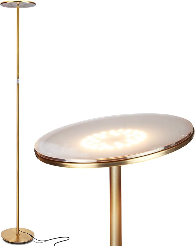 Brightech Sky LED Floor lamp, Torchiere Super Bright Floor Lamp for Living Room Decor & Office - Dimmable, Tall Standing Torch Lamp with Warm Light for Bedroom & Reading - Gold Brass