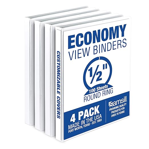 Samsill 0.5 Inch 3 Ring Binder, Made in USA, Economy Round Ring, Clear View Cover, 100 Sheet Capacity - for School, Home, Office - White, 4 Pack