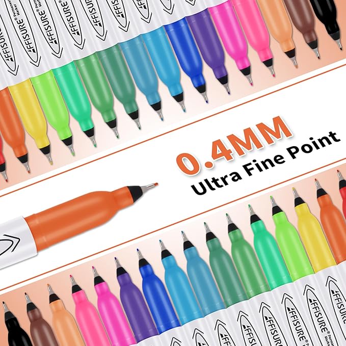 Affisure Permanent Markers, Ultra Fine Point Markers Set,16 Assorted Colors Work on Wood, Plastic, Paper, Metal, Stone, Glass for the Artist、Kids、Adult, 16 Count
