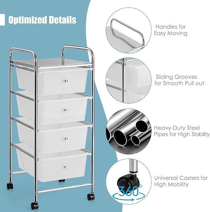 Giantex Rolling Cart with Drawers, Craft Organizer with Wheels, 4 Drawer Storage Container Bins for Home School Office Scrapbook Paper Tools, Clear White
