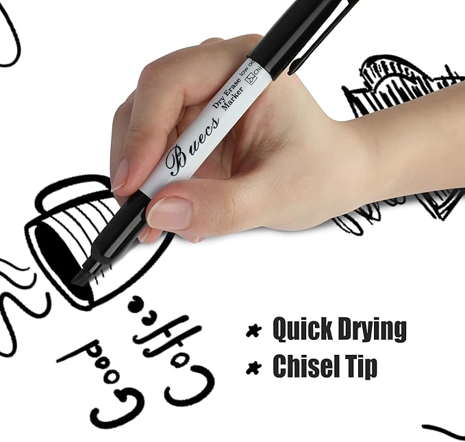 Buecs Black Dry Erase Markers, Low-Odor, 108 Count, Chisel tip, Perfect for Writing on Whiteboards, Dry-Erase Boards, Glass, School Office Supplies