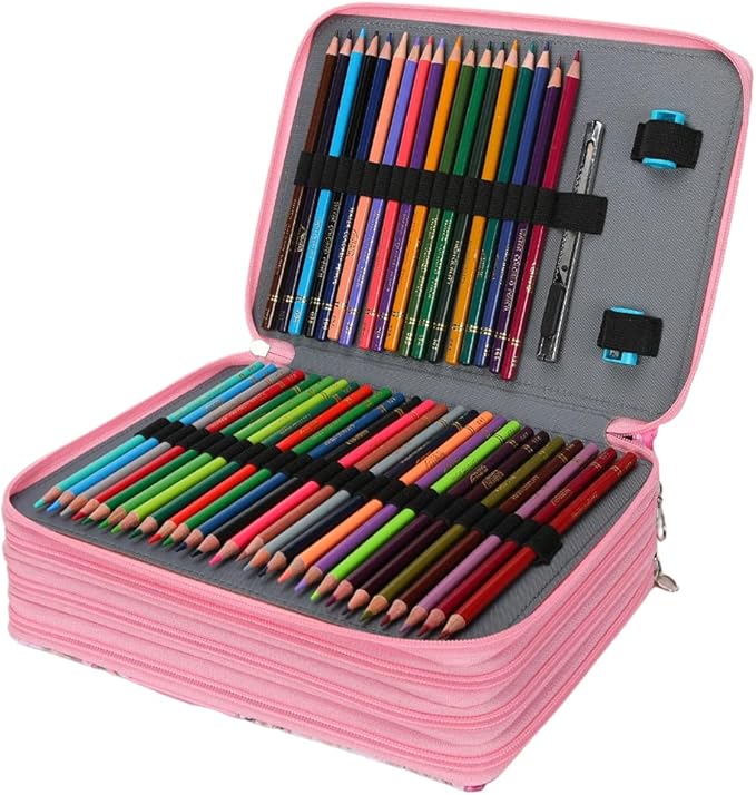 Vomgomfom Colored Pencil Case - 200 Slot Pencil Holder with Zipper Closure, Twill Fabric Large Capacity Pencil Case for Watercolor Pens or Markers, Artist Organizer (Pink Rose)