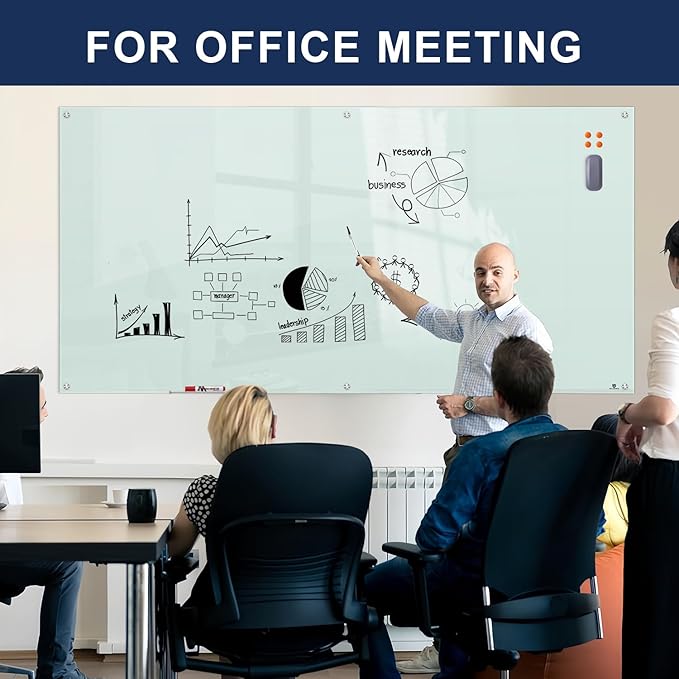 TSJ OFFICE Glass Dry-Erase Board - 8 x 4 Ft Wall Mounted Glass Magnetic Whiteboard, 96" x 48" Extra Large Frameless White Board for Office, Home & School