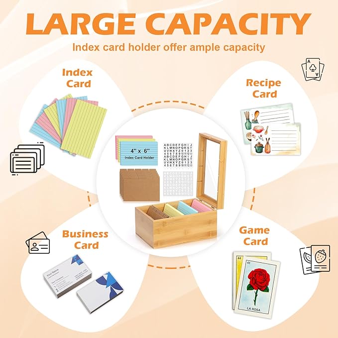 4x6 Index Card Holder with Dividers Bamboo Index Card Organizer Box 4 Compartments Flash Cards Holder with Lid 150 Index Flash Cards 25 Index Cards Dividers 2 Letter Smile Stickers for Office Business