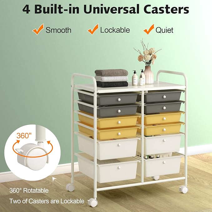 LDAILY 12 Drawer Rolling Storage Cart, Craft Cart Organizer on Wheels w/Metal Frame, Large Capacity & Smooth Drawer, Rolling Cart w/Drawers for Classroom, Office