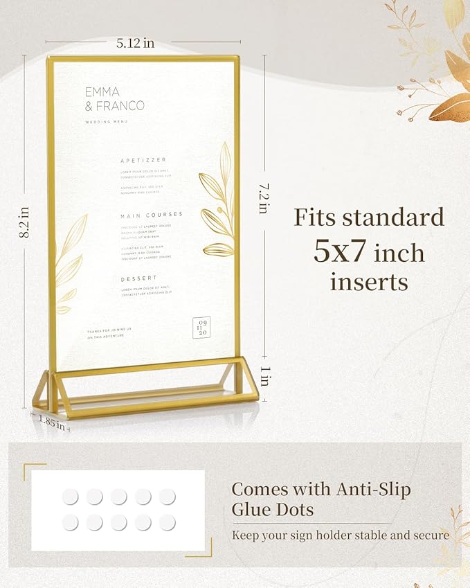 Dynta Acrylic Sign Holder 5x7in Double-Sided Display Stand with Gold Frame Clear Table Sign Holders for Wedding Party Restaurants Home Office(8 Pack)