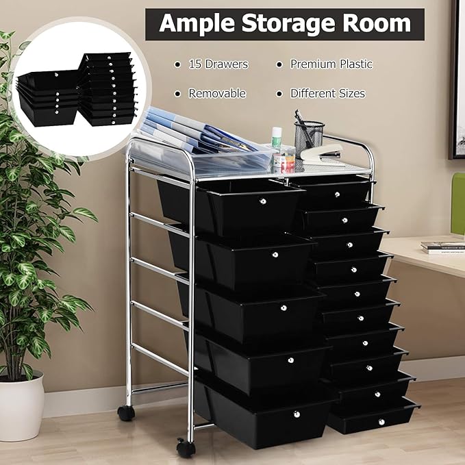 LDAILY 15 Drawer Rolling Storage Cart, Rolling Cart with Drawers for Classroom, Art Supply Craft Organizer on Wheel with Metal Frame & Handles for Home Office School