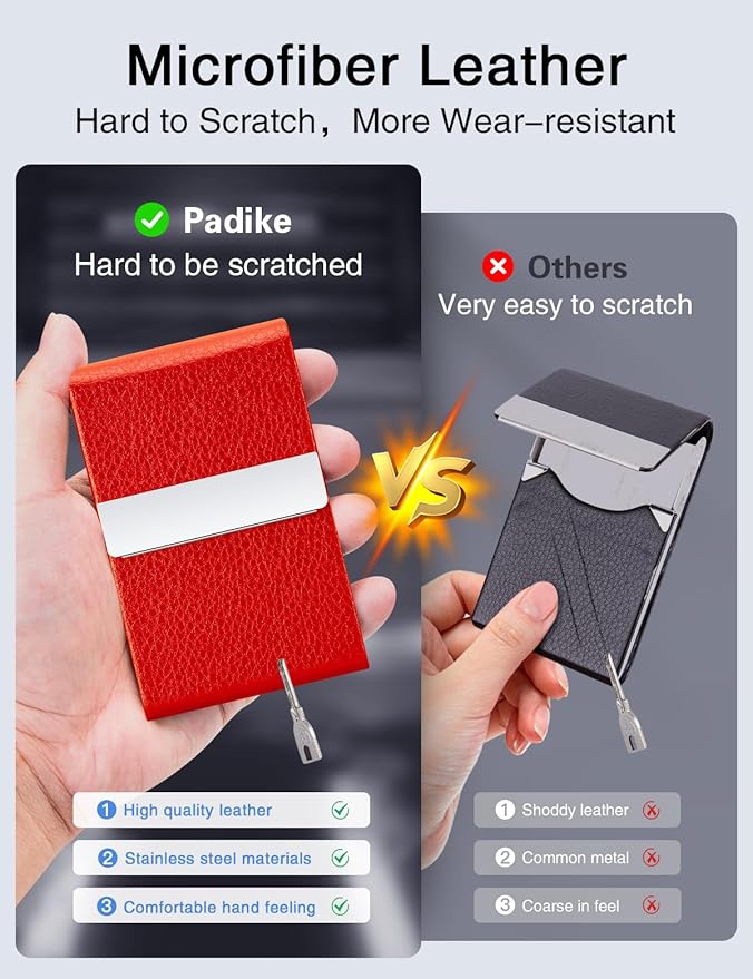 Padike Leather Business Card Holder for Women Leather Stainless Steel Business Card Case with Magnetic Shut (Red)