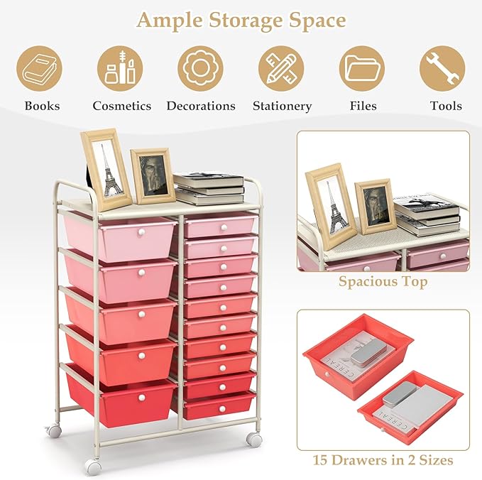 GLACER 15 Drawers Rolling Cart, Storage Cart with w/Removable Drawers & Steel Frame, Multipurpose Organizer Cart w/Sleek Handle, Utility Cart on Lockable Wheels for Home, School, Office (Pink)
