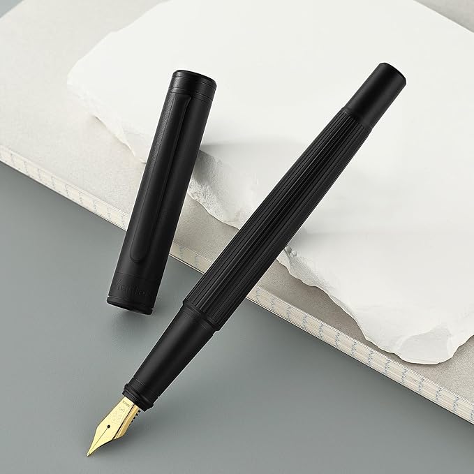 MCNTEIK Matte Black Forest Fountain Pen, Exquisite Vertical Grooving Design, 18K Gilded Nib (Fine), Fancy Pen Gift Set for Men & Women, Professional, Business Signature, Office, Nice Designer Pens