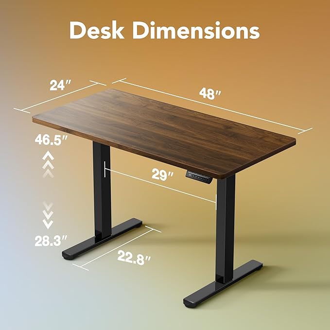 HUANUO 48" x 24" Electric Standing Desk Adjustable Height, 4 Memory Height Settings, Headphone Hook, Cable Manager, Sit Stand Up Desk for Home Office & Computer Workstation, Walnut