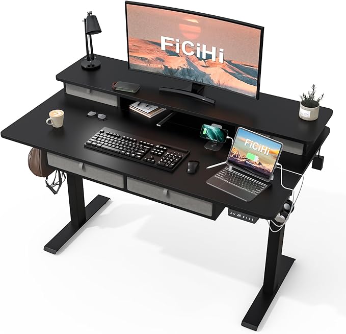 FiCiHi Adjustable Height Standing Desk with 4 Drawers,55 x 30 inches Electric Sit Stand Desk for Home Office,3 Memory Presets,Monitor Stand Riser,USB A/C Charging Port