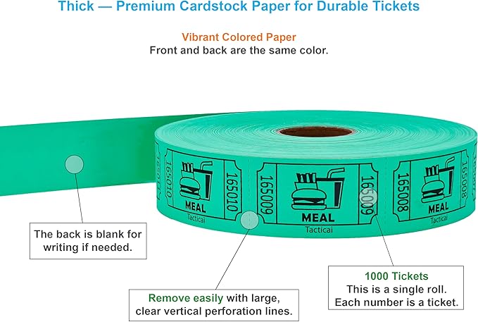 Tacticai 1000 Raffle Tickets, Meal, Green (1 of 8 Colors), Single Roll, Ticket for Events, Food, Class Reward, Fundraiser & Prizes
