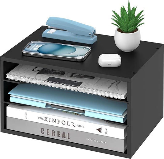 SHARKWOODS Wood Desk Organizer, 3 Tier Paper Tray Organizer for Desk with Adjustable Storage Shelves, Printer Stand Desktop File Organization Paper Sorter Mail Holder for Office Home Classroom, Black